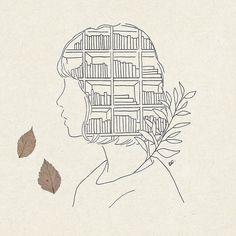 a drawing of a woman's head with bookshelves and leaves in front of her