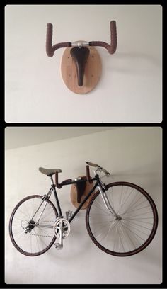 two pictures of a bicycle mounted to the wall