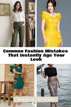 women in different outfits with the words common fashion mistakes that instantly age your look