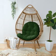 a green chair sitting on top of a wooden floor next to a potted plant