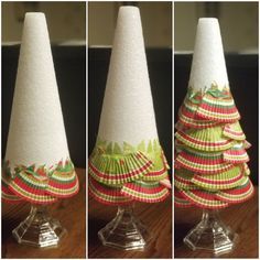 three different views of a christmas tree made out of toilet paper