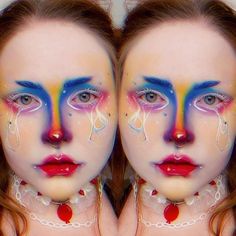 Full Face Rainbow Makeup, Crazy Colorful Makeup, Colorful Creative Makeup, Clowncore Makeup Aesthetic, Clown Makeup Rainbow, Interesting Makeup Ideas, Club Kid Makeup, Funky Makeup Creative, Candy Makeup Look