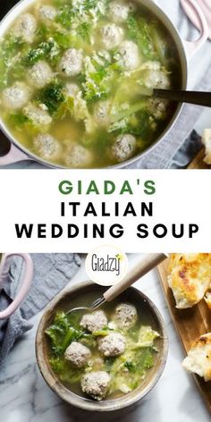 a bowl of italian wedding soup with meatballs and broccoli on the side