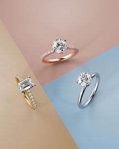 three different types of engagement rings with diamonds on top and bottom, one in gold, the other in silver