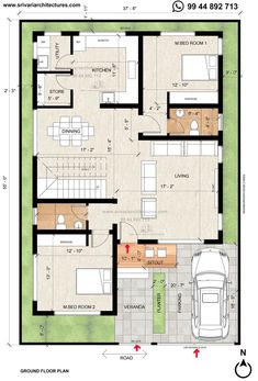 a floor plan for a house with two rooms and an attached kitchen, living room and dining