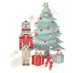 a nutcracker standing in front of a christmas tree with presents under it and an ornament