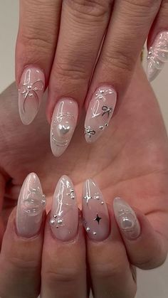 White Sparkle Nails Designs, Maid Of Honor Nails Ideas, Grad Nail Ideas, Pink And Silver Nails, White Sparkle Nails, 21st Birthday Nails, Sparkle Nail Designs, Coquette Nails, Natural Acrylic Nails