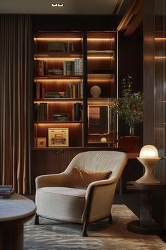 a living room filled with furniture and bookshelves