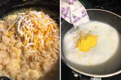 two pictures side by side, one with noodles and the other with cheese in it