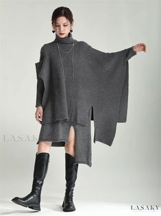 Lasaky - Stylish Knit Dress Set with Irregular Split and Loose Cape Outerwear Shawl Sweater, Winter Typ, Knitted Cape, Sweater Dresses, Cape Coat, Knitted Shawls, Dress Set, Cozy Knits, Batwing Sleeve