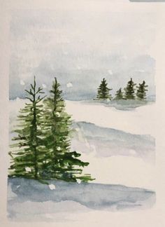 a watercolor painting of trees in the snow