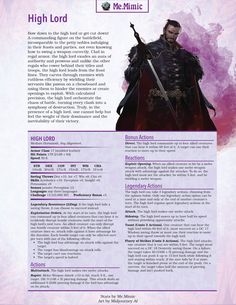 DnD 5e Full Bestiary Entry for High Lord by Me.Mimic Dnd Legendary Monsters, Dnd 5e Homebrew Monsters, Harry Potter Dnd, Dnd Stat Blocks, Dnd Homebrew Monsters, Monster Humanoid, Dnd Adventurer, Dragon Dnd, Dnd Wizard