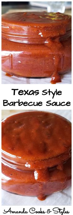 two images show how to make barbecue sauce in glass containers with the words texas style barbecue sauce on them