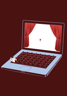 an open laptop computer sitting on top of a red floor covered in curtains and a stuffed animal