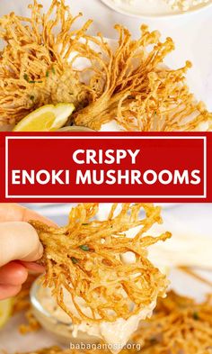 crispy enokii mushrooms with dipping sauce and lemon wedges on the side