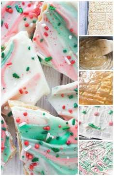 christmas cookies with sprinkles and frosting on them are shown in different pictures