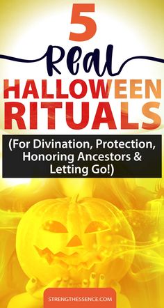 A Halloween pumpkin and witch graphic with 5 real Halloween rituals (for divination, protection, honoring ancestors & letting go!) text overlay Witch Rituals For Halloween, Pagan New Year, Spells For Protection, Witchy Rituals, Samhain Celebration, Magical Spells, Spiritual Awakening Higher Consciousness