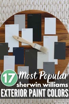 the most popular sherylin williams exterior paint colors on display in a round wooden plate