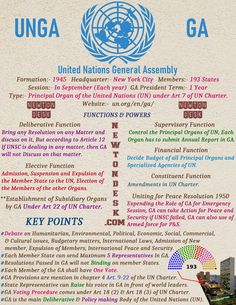 the united nations general assembly poster is shown in blue and pink, with information about its locations