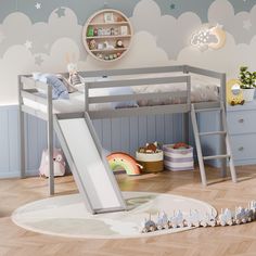 a child's bedroom with a bunk bed and slide