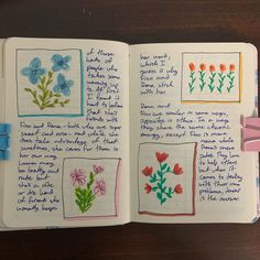 an open notebook with flowers and words written on the pages, along with blue ribbon