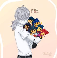 a drawing of a man holding a bunch of stuffed animals in his arms with the words mine on it