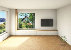 an empty living room with a large window and tv on the wall, in front of a wooden floor