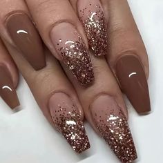 These Shimmer Ballerina Press On Nails Are Perfect For Any Occasion. The Coffin Design And Medium Brown Color Make Them Stylish And Fashionable. They Are Made With A Glossy Finish To Make Them Look Natural And The Adhesive Backing Makes Them Easy To Apply And Remove. They Are Long-Lasting And Durable, So You Can Be Sure To Get Maximum Use Out Of Them. Passion Of Essence Boutique Ongles Bling Bling, Brown Acrylic Nails, Ballet Nails, Nagellack Trends, Coffin Press On Nails, Thanksgiving Nails, Brown Nails, Bling Nails