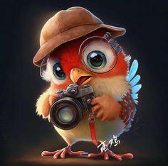 an owl with glasses and a hat is holding a camera