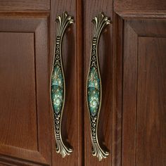 two ornate door handles on wooden doors