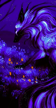 a painting of a purple wolf in the woods