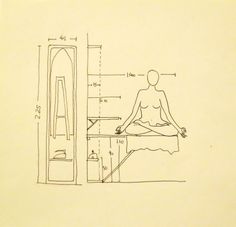 a drawing of a person doing yoga in front of a mirror with measurements on it