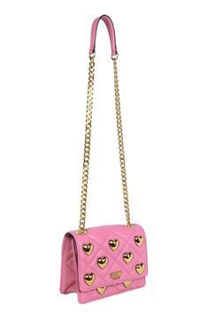 Puffy quilting lends trend-right charm to this crossbody bag that's shaped from Italian leather and highlighted with polished hearts. 7.3"L x 3"W x 6"H 20" strap drop Interior card slot Lined Leather Made in Italy Designer Handbags Pink Quilted Evening Bag, Chic Pink Quilted Shoulder Bag, Pink Quilted Bag For Gift, Luxury Pink Bag For Valentine's Day, Puffy Quilt, Heart Crossbody Bag, Flip Flop Slippers, Clutch Pouch, Designer Crossbody Bags