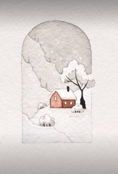 a drawing of a house in the snow with a tree on it's side