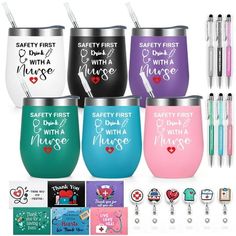 the safety first nurse tumbler is next to several other cups and pen holders with markers on them