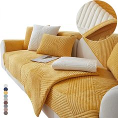 a couch with pillows and blankets on it