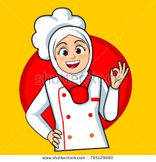 a woman in an apron holding her hand up to the side while standing against a yellow background