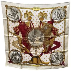 Stunning Hermes 'NAPOLEON' silk scarf designed by Philippe Ledoux and originally issued in 1963. At the centre, there is a depiction of the arrival at the coronation ceremony in Notre-Dame on 2 December, 1804 (taken from an engraving in the Livre du Sacre). 100% Jacquard Silk. Hermes discontinued production using this woven silk fabric in the 1990s, because the production of this scarf was too expensive. Hand rolled edges. The 'HERMES - Paris' ls located in the bottom center, composition tag sti Silk Scarf Design, Hermes Vintage, Copyright Symbol, The Coronation, Vintage Hermes, Hermes Paris, Scarf Design, Watch Design, Silk Fabric