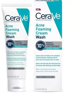 CeraVe Acne Foaming Cream Cleanser, Acne Treatment Face Wash with 4% Benzoyl Peroxide, Niacinamide, Cream to Foam Formula, 5 Oz [ 10% BENZOYL PEROXIDE BODY & FACE WASH ] Maximum strength benzoyl peroxide is clinically tested to clear, treat, and help prevent acne. This acne body wash and face cleanser gently removes dirt and excess oil without skin feeling stripped of moisture. [ GENTLE FOAMING ACNE CLEANSER ] This gentle body & facial cleanser dispenses as a soothing creamy texture and transforms into a light foam. Formulated with niacinamide and hyaluronic acid to leave skin feeling comfortable, smooth and looking clarified. [ CLARIFYING ACNE WASH ] This benzoyl peroxide wash helps clear pimples, whiteheads, and blackheads from skin's surface and helps prevent new acne from forming & all Benzoyl Peroxide Wash, Cerave Moisturizer, Acne Body Wash, How To Clear Pimples, Acne Cleanser, Acne Face Wash, Body Acne, Acne Cleansers, Acne Control