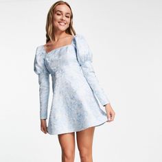 This Jacquard Dress Has A Silver Metallic Accents And Is The Perfect Ethereal Mini Dress. Fits On The Smaller Side Of A Size 2. Purchased From Asos. Spring Jacquard Mini Dress, Puff Sleeves Dress, Blue Long Sleeve Dress, Puff Sleeve Mini Dress, Bach Party, Bridal Brunch, Jacquard Dress, Mini Dress With Sleeves, Metallic Accents