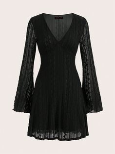 Solid Flare Sleeve Dress, School Black   Extra-Long Sleeve Lace Plain A Line Slight Stretch  Women Clothing, size features are:Bust: ,Length: ,Sleeve Length: Vestidos Country, Witchy Dress, Redo Clothes, Doctor Dress, Lacey Dress, Vintage Black Dress, Country Dresses, Flare Sleeve Dress, Goth Dress