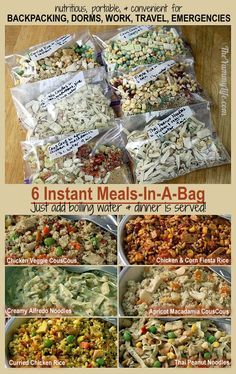 six instant meals - in - a - bag instructions for backpacking, dorms, work & travel