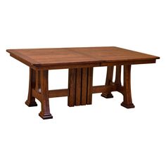 a wooden table with four legs and two leaves on the top, against a white background