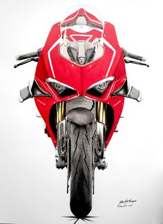 a red and white motorcycle parked on top of a wooden floor