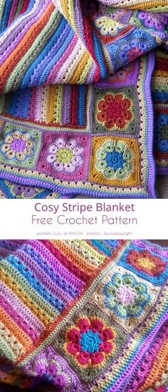 the crocheted blanket is colorful and has flowers on it, as well as text that reads cozy stripe blanket free crochet pattern