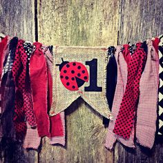 a red and black ladybug banner hanging on a wooden wall with the word i love you