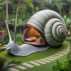 a snail shaped house in the middle of a lush green area with trees and bushes