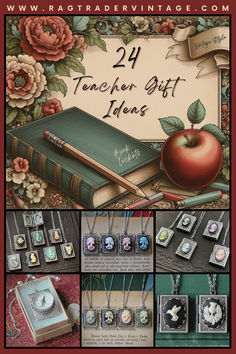 Our vintage style pin shows roses, a book, and an apple for the teacher. Find the perfect Teacher Appreciation Day “thank you” at Ragtrader Vintage with our retro book locket pendant necklace. Bring a heartwarming smile to the face of those special teachers, counselors, aides, librarians or anyone else for helping your child learn and grow this school year. Your items will arrive quickly ready to share in their own gift boxes. Book Locket, Locket Pendant Necklace