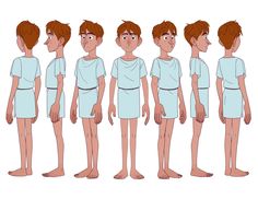 the animation character poses for different stages of body development, including short - sleeved t - shirt and shorts