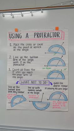 a white board with writing on it that says using a protractor